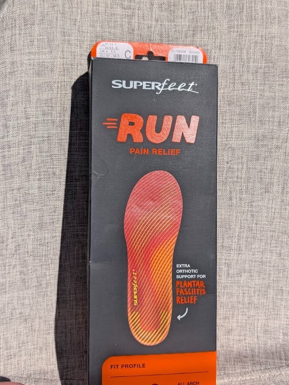 Superfeet RUN Pain Relief Size C Orange Men's 5.5-7/ Women 6.5-8 Insoles NEW
